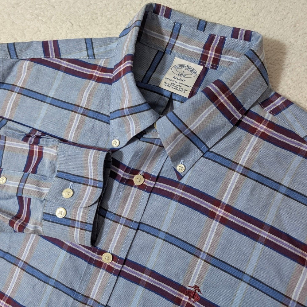 Brooks Brothers Regent Button Down‎ Shirt Mens L Blue Plaid Non-Iron Supima L/S